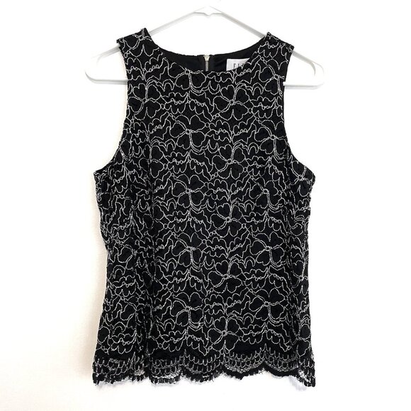 NEW NWT ELLE Black Floral Lace Silver Metallic Sleeveless Scalloped Tank Blouse - Picture 1 of 10